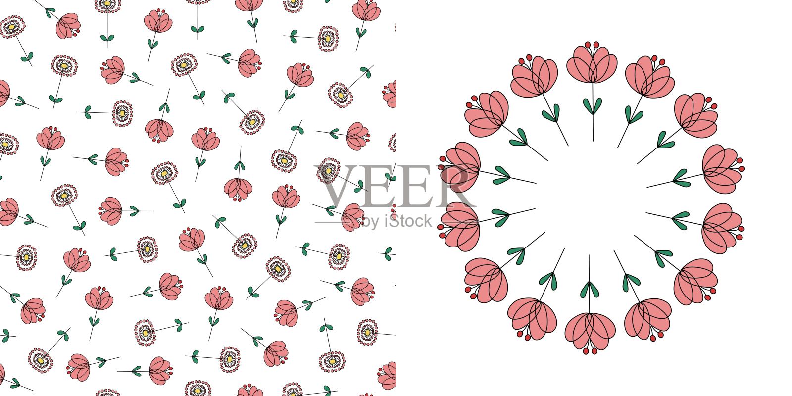 套装。无缝图案和横幅,带有抽象鲜花和绿叶的花环。带文字空间的圆形框架。简单的植物图画。插画,涂鸦。轮廓图标。重复的白色背景。插画图片素材