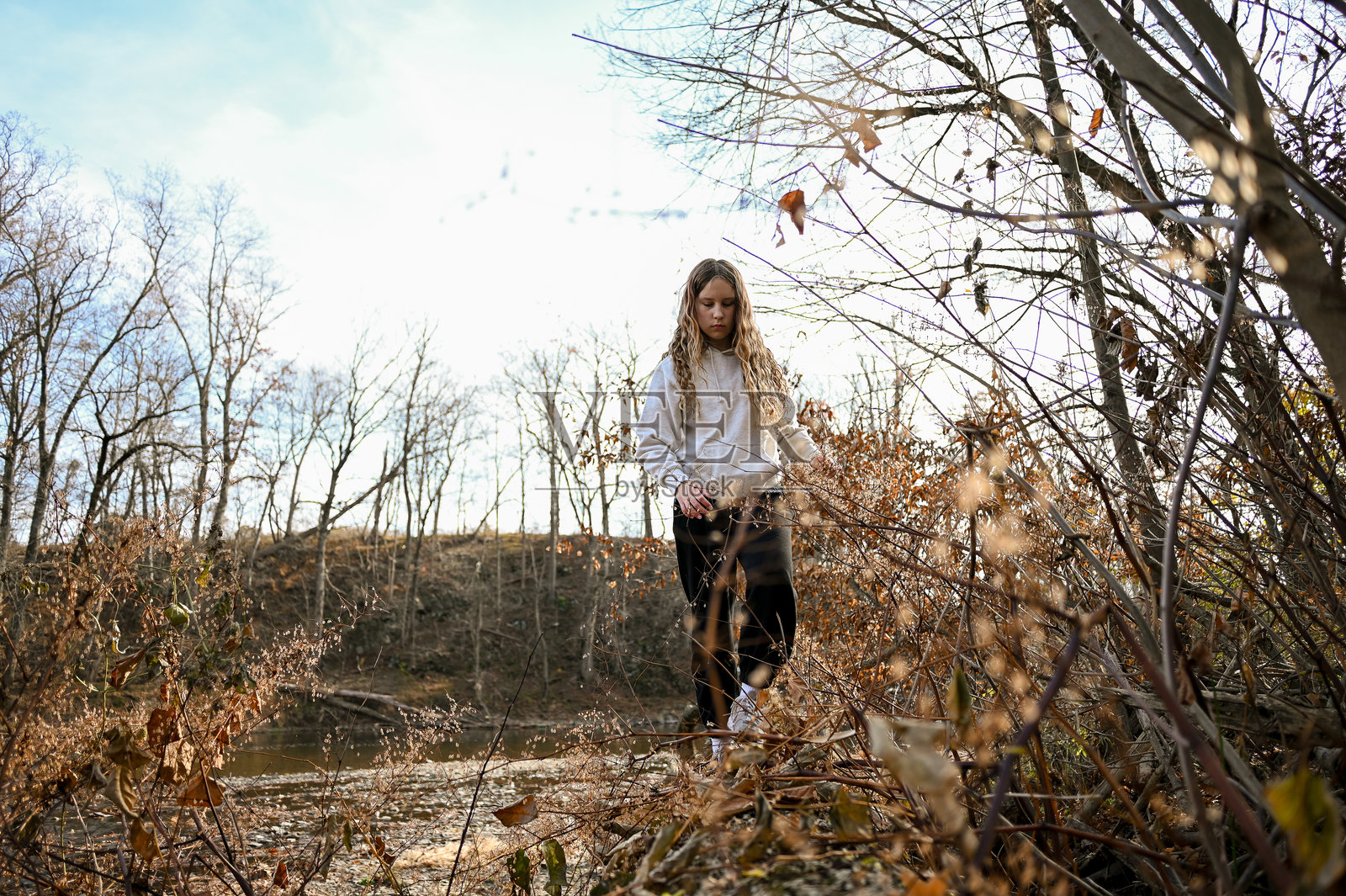 一名青少年在秋季的干燥灌木丛中行走照片摄影图片