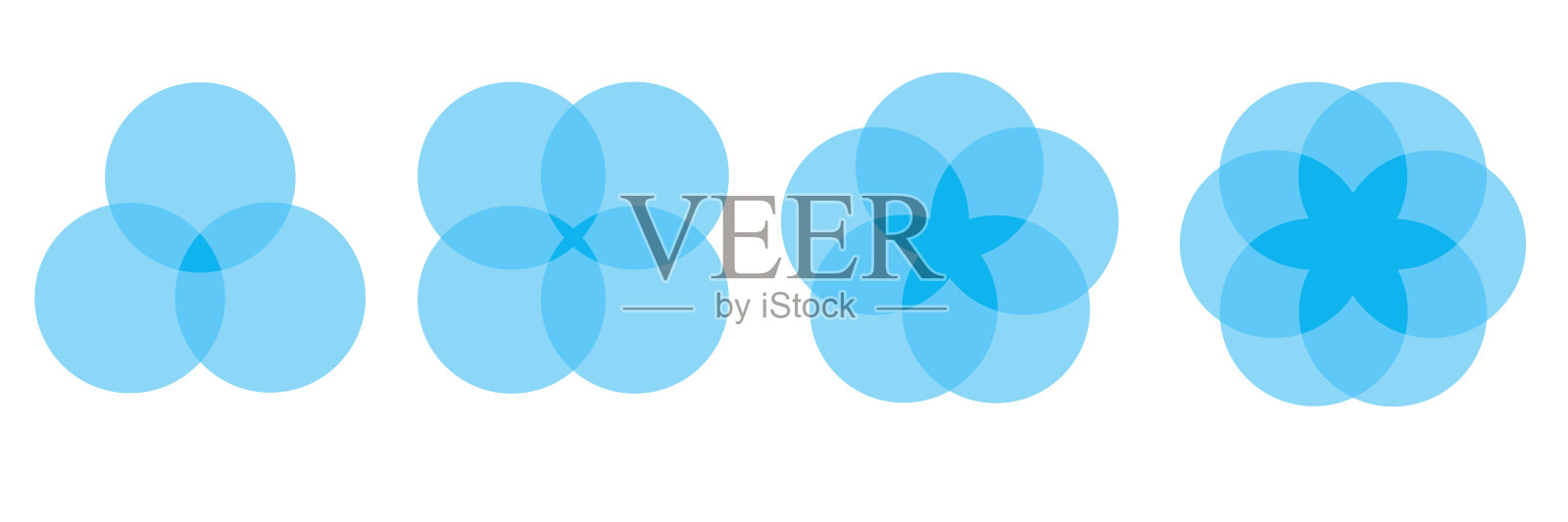 圆形维恩图迷你套装,带有多个蓝色交叉的花朵形状矢量图,用于数据图表进展、平衡关系模型,圆形的蓝色设计元素信息。插画图片素材