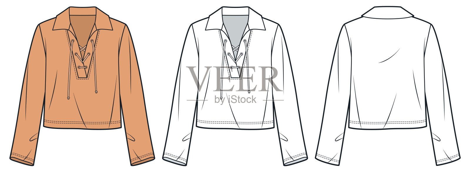 蕾丝系带衬衫技术服装插画。长袖翻领上衣时尚平面技术图纸模板,正面和背面视图,白色,橙色,女士,男士,男女皆宜 CAD 模型。插画图片素材