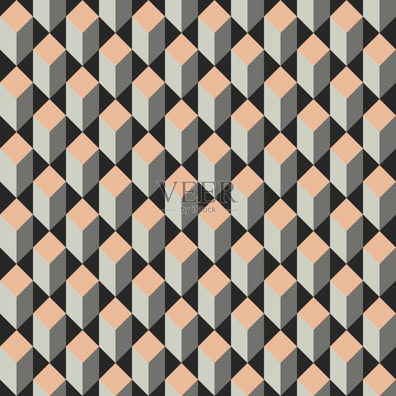 由桃色、浅灰和中灰色菱形组成的立方体图案,由黑色三角形分隔插画图片素材