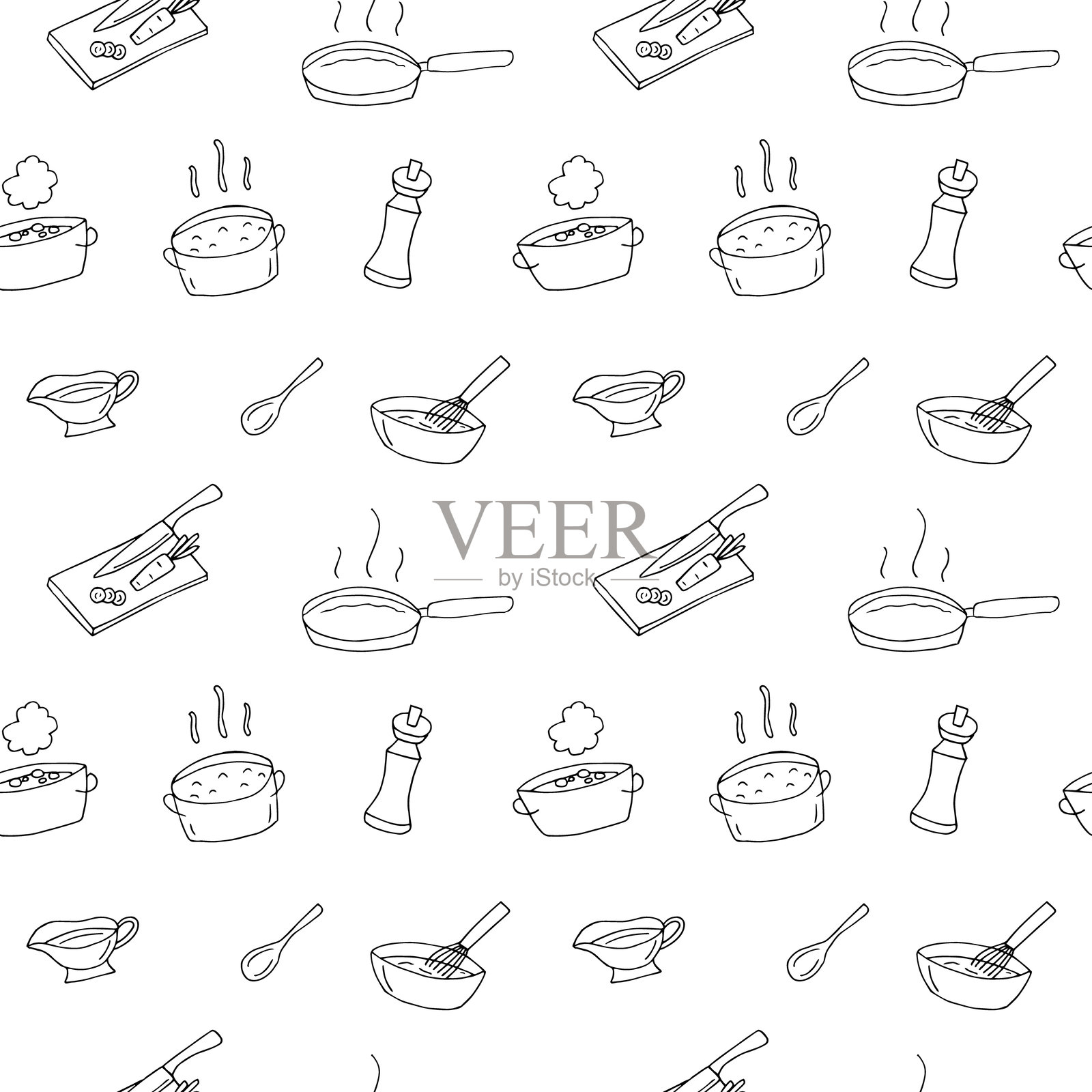 烹饪无缝图案 – 手绘厨房用具和食物准备涂鸦插画图片素材
