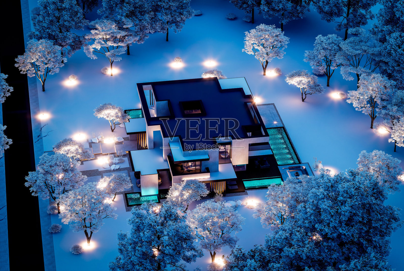 冬季夜晚,两层楼的混凝土外观房屋的3D渲染图照片摄影图片