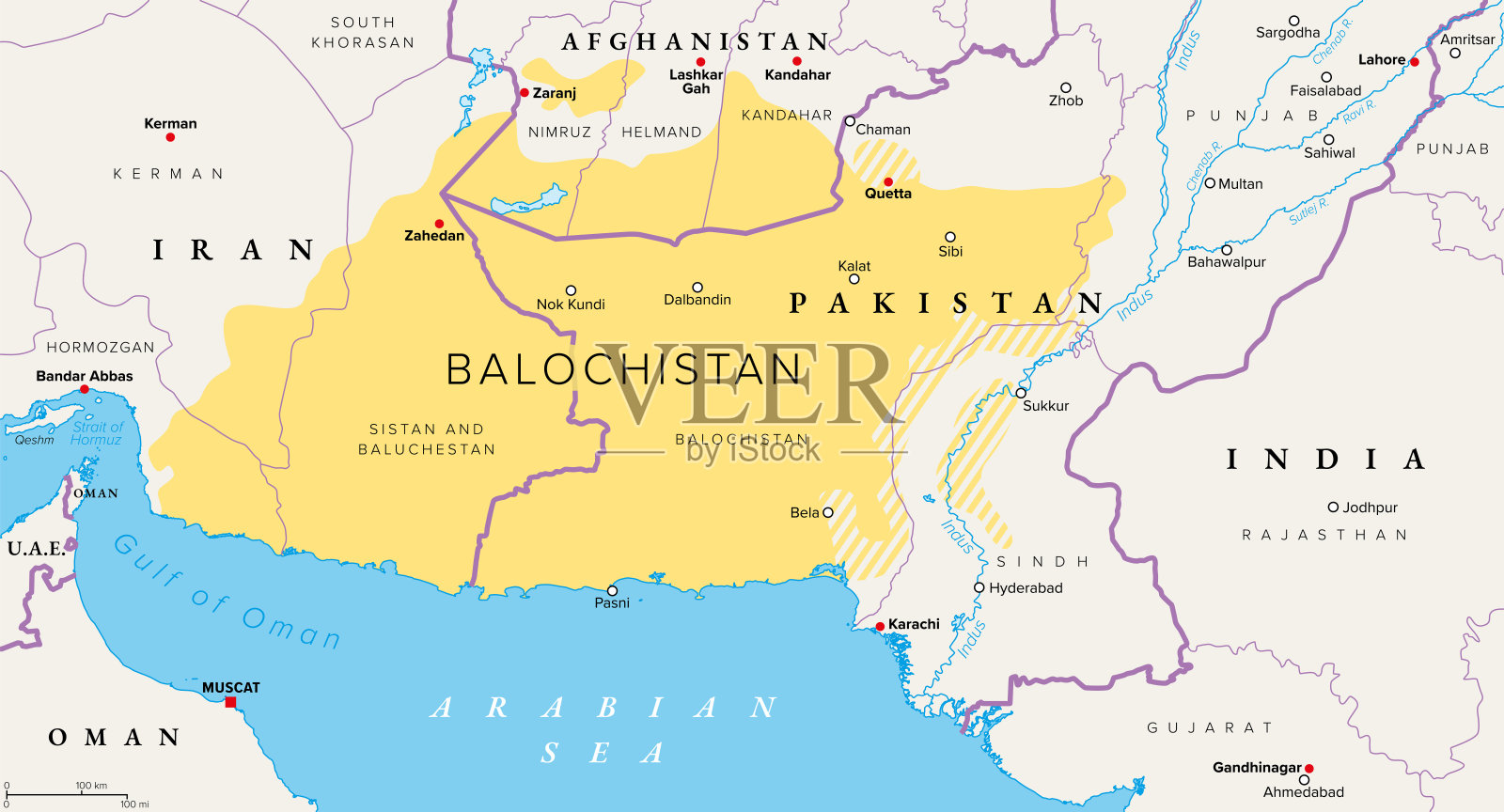 俾路支斯坦,西亚和南亚历史地区,政治地图插画图片素材