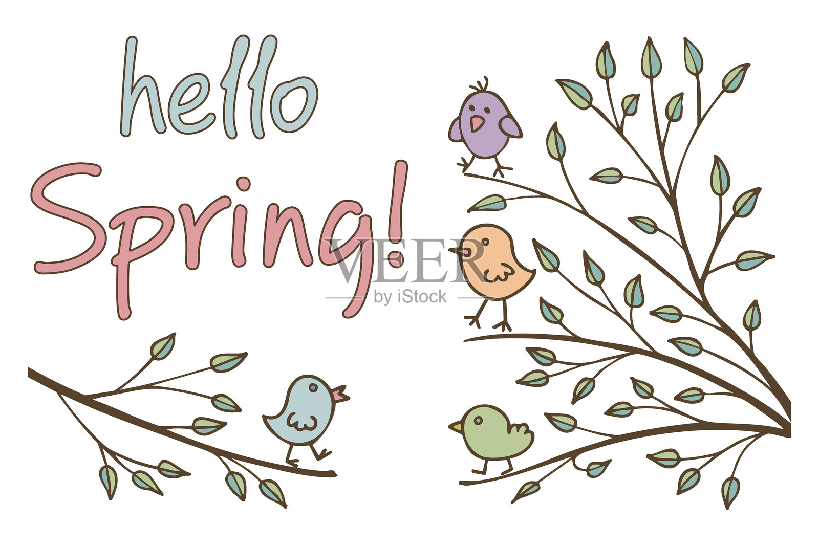 你好春天!一张可爱而欢快的贺卡,上面有小鸟在长满叶子的树枝上。春季可爱插画,装饰元素。手绘涂鸦。儿童绘画风格插画图片素材