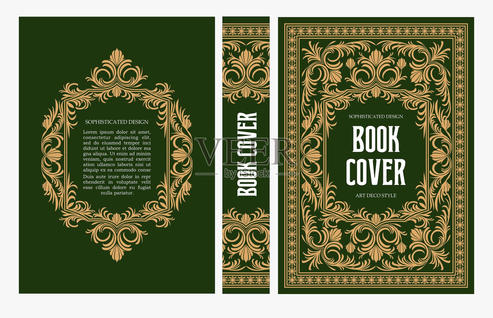 经典复古书籍封面和书脊,带有金色和黑色装饰艺术、新艺术运动装饰,装饰性边框,优雅的复古风格,适用于经典出版物、海报、艺术布局。插画图片素材