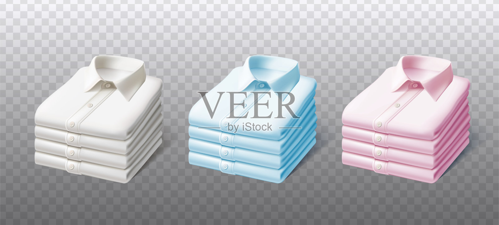 3D写实矢量图标插画。叠放的白色、粉色和蓝色熨烫过的衬衫堆,侧视图。透明背景上分离。照片摄影图片