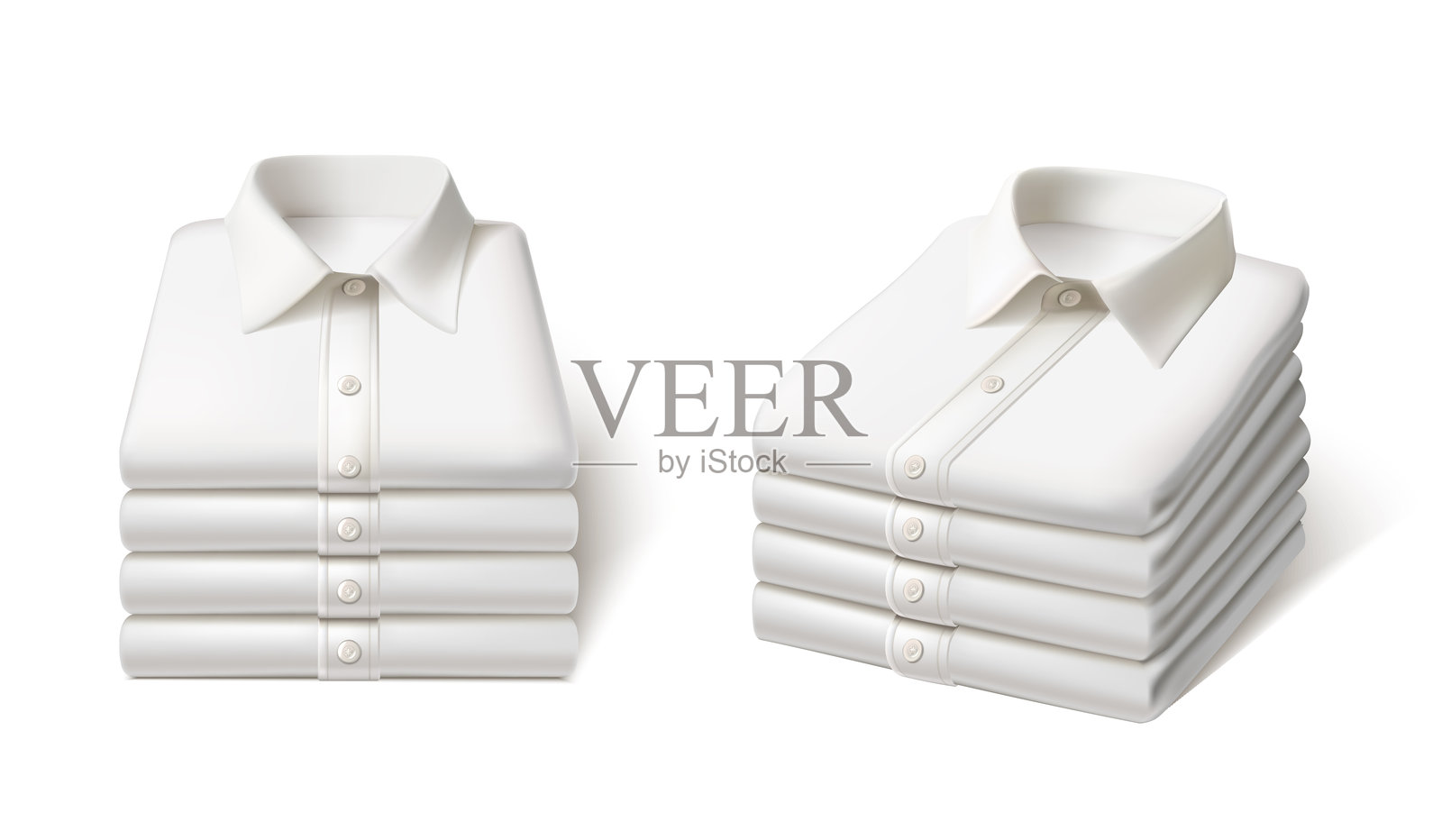 3D逼真矢量图标插画。堆叠的白色熨烫衬衫,包含正面和侧面视图。孤立在白色背景上。照片摄影图片