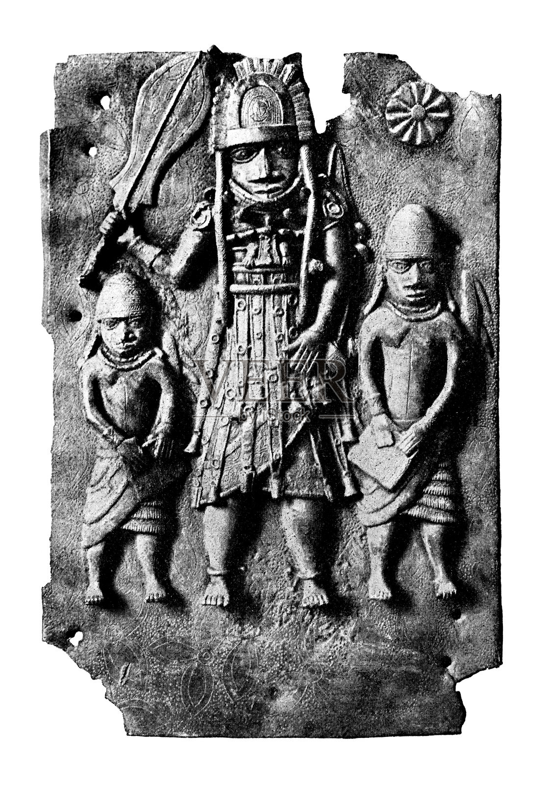 描绘中央高级战士或奥巴本人手持礼仪剑(eben)或权杖的青铜板。他两侧是两位较小的侍从,展示了“等级比例”。插画图片素材