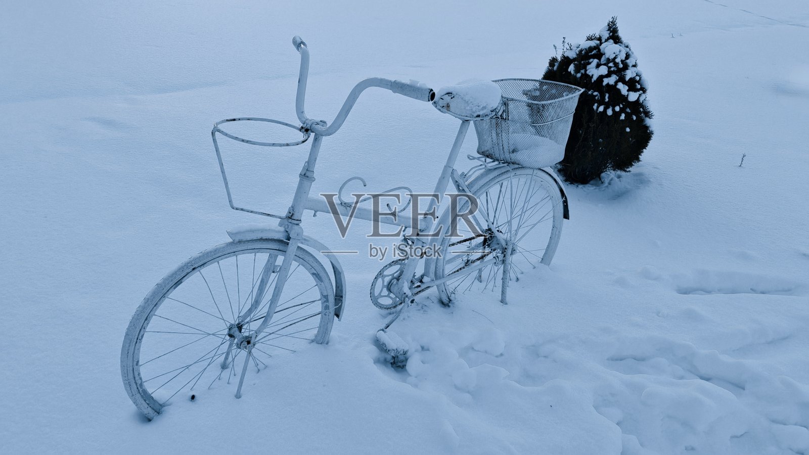 覆盖着雪的复古白色自行车,冬季景象照片摄影图片