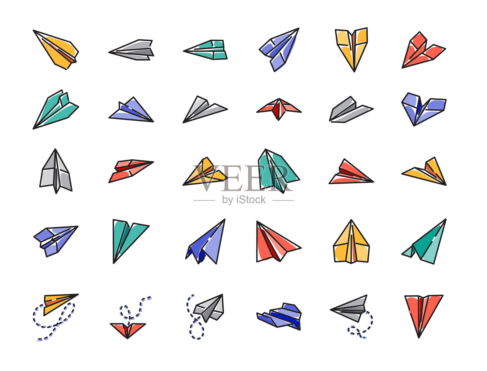 纸飞机轮廓图标集,展示了不同角度的多种折纸飞机,包括带有虚线飞行路径的飞行版本,用于UI和印刷的极简手绘线条集合,可编辑描边插画图片素材