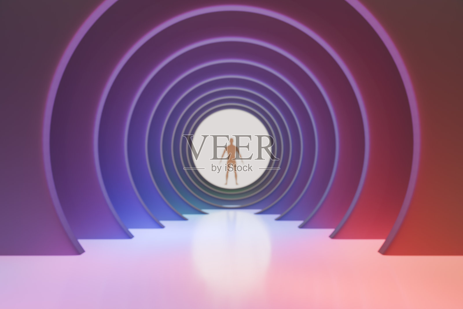 一个人站在彩色圆形隧道尽头的剪影。3D渲染照片摄影图片