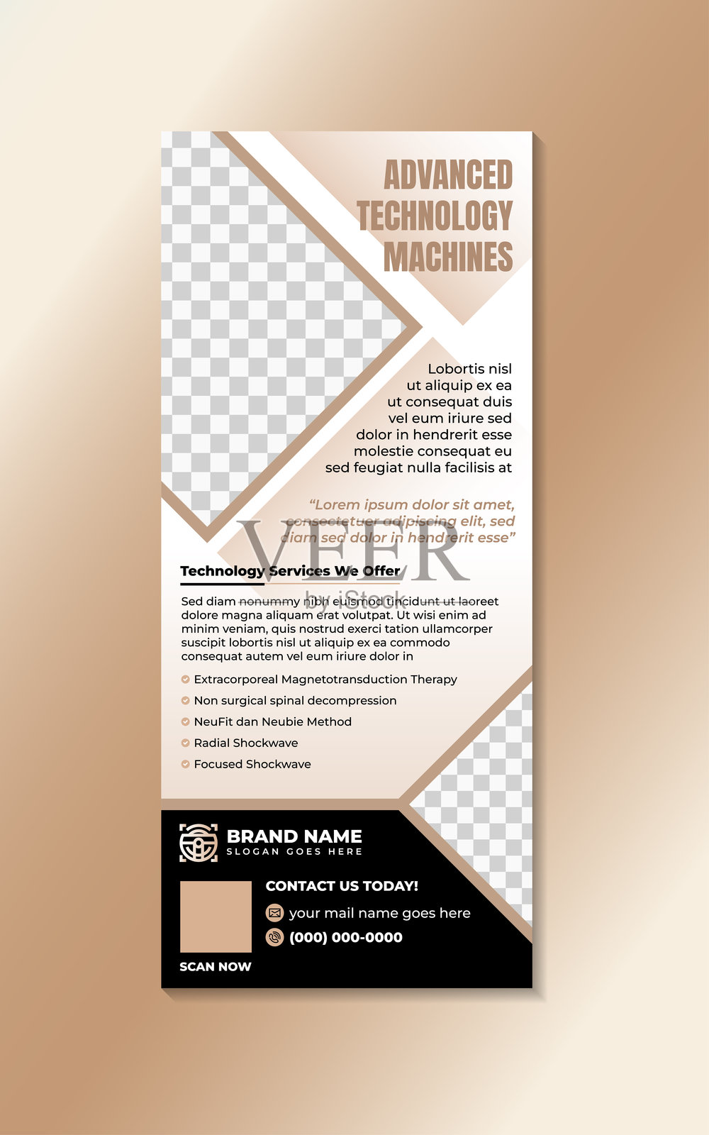 高级科技机器横幅设计模板,垂直版式矢量插画,结合了棕色和黑色元素,孤立在白色背景上。插画图片素材