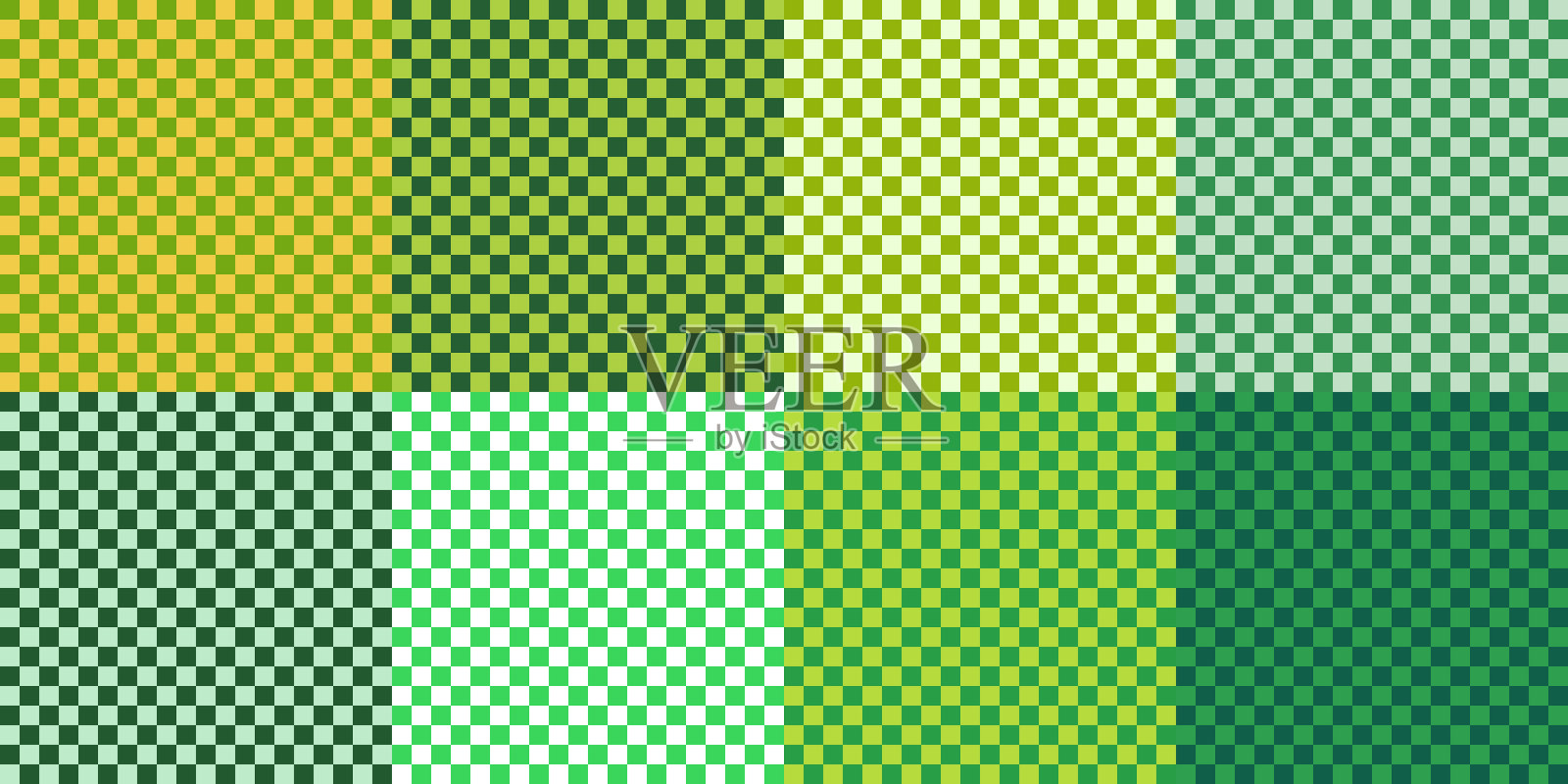 绿色白色棋盘格无缝图案集。几何绿色白色棋盘背景套件。单色网格矢量背景印花套装。适用于时尚设计、纺织品、包装的复古网格无缝图案。插画图片素材