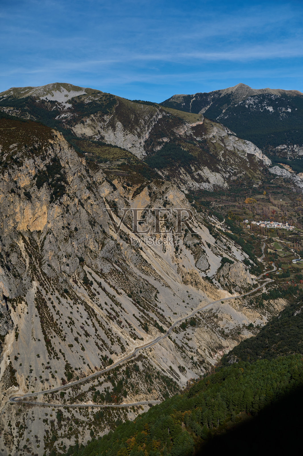 西班牙圣伊莎贝尔山口观景点令人惊叹的秋季全景,展示了色彩斑斓的森林和比利牛斯山峰照片摄影图片