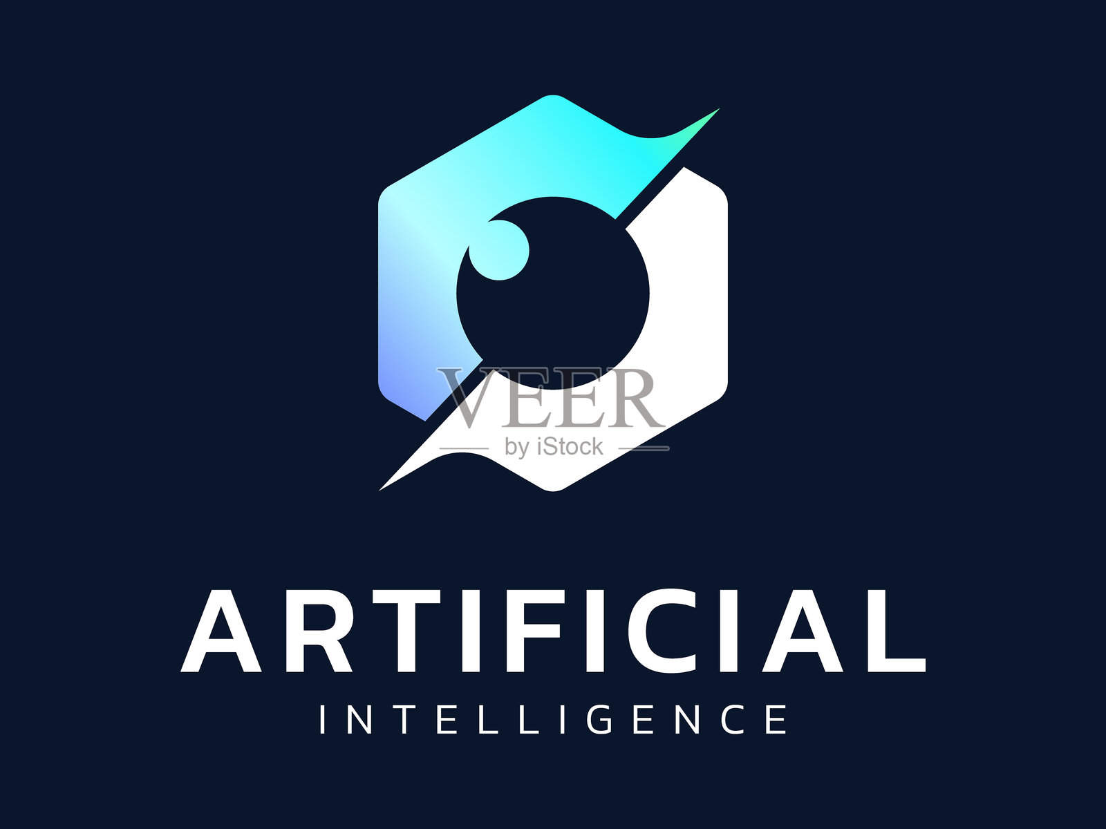 人工智能(AI)logo矢量插画设计概念,包含六边形中的机器人之眼概念。插画图片素材