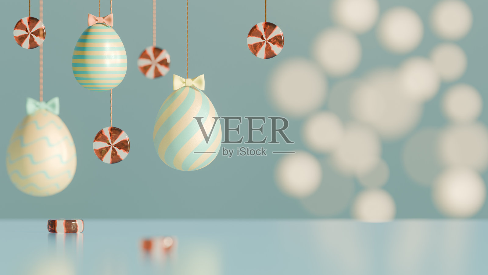 复活节粉彩彩蛋和薄荷糖作为节日装饰品悬挂。三维渲染照片摄影图片