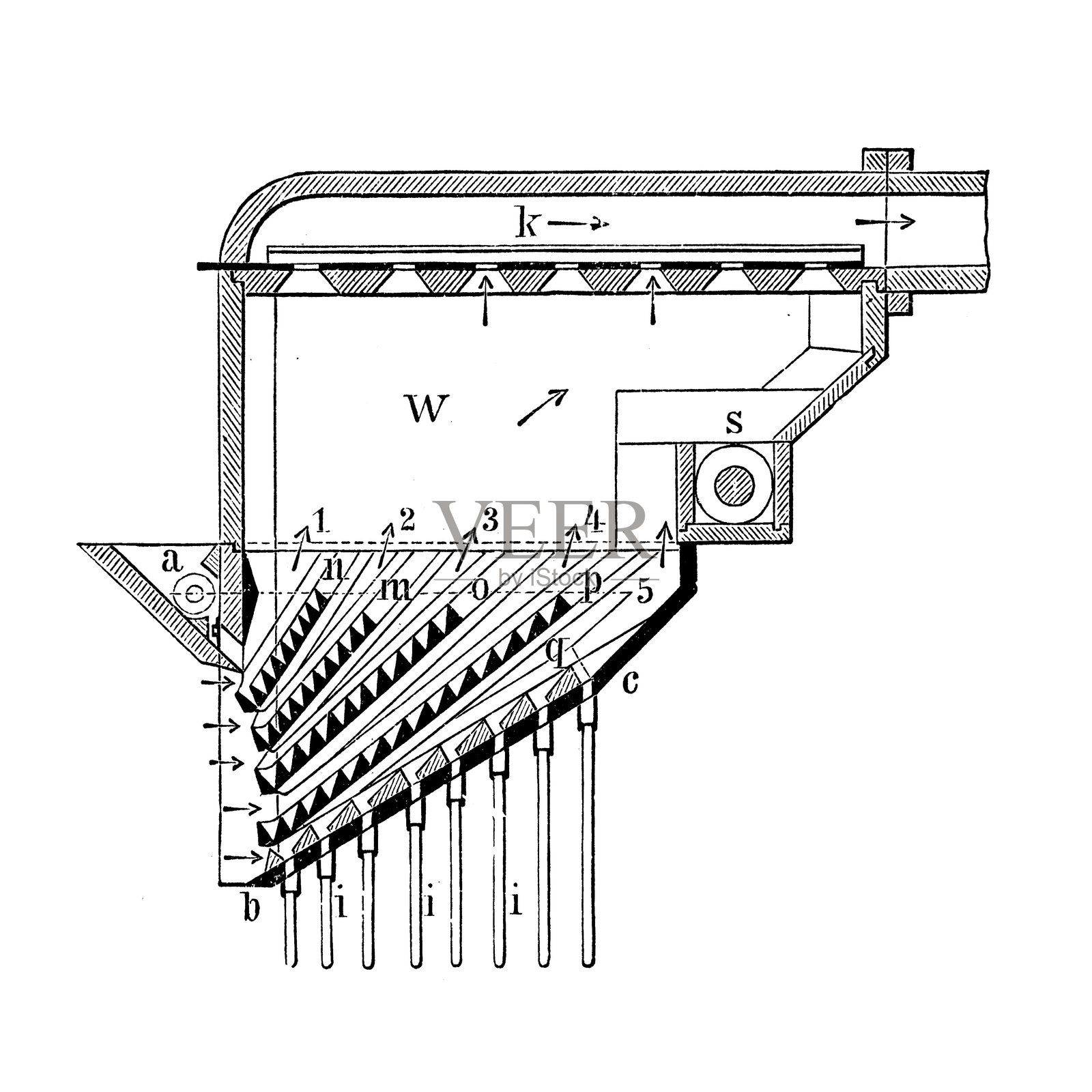 用于面粉加工的工业机器。与重力式清粉机相比, the semolina purifier(谷物精选机)利用振动筛和上升气流的组合来清洁面粉。插画图片素材