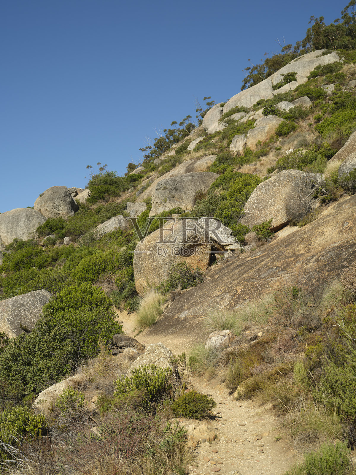 南非开普敦西开普省,一条沿着岩石山坡的徒步小径,天空湛蓝,巨石嶙峋照片摄影图片