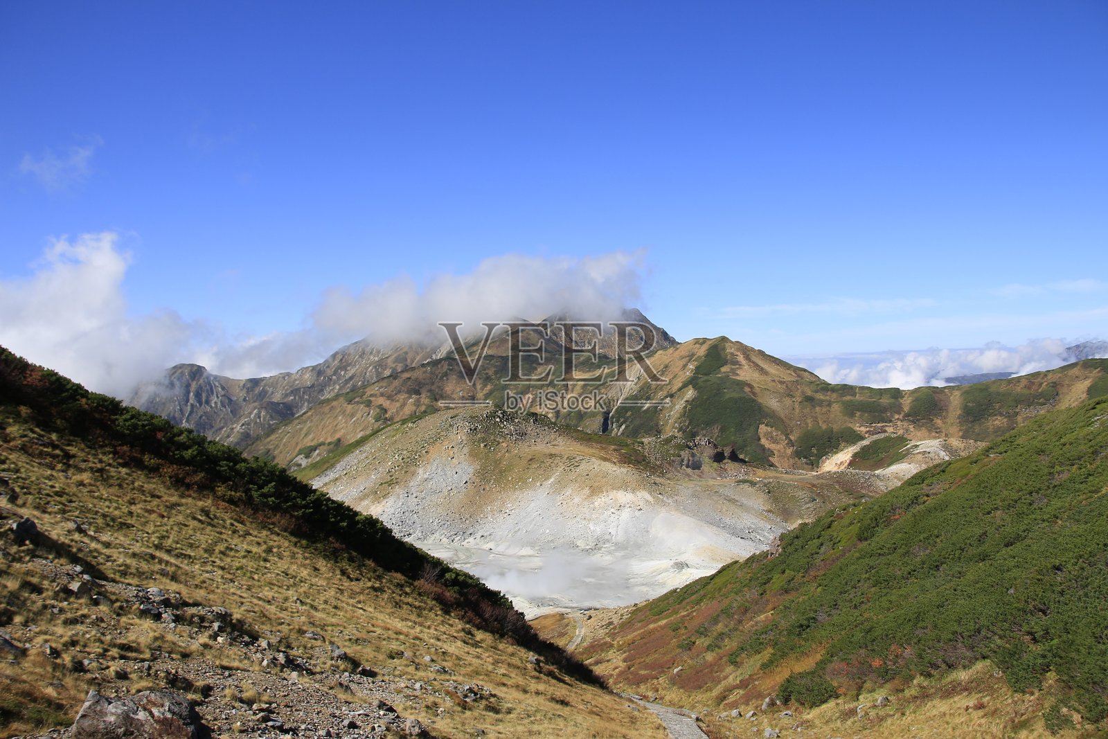 蒸汽喷口和连绵山脊的广阔阿尔卑斯山谷照片摄影图片