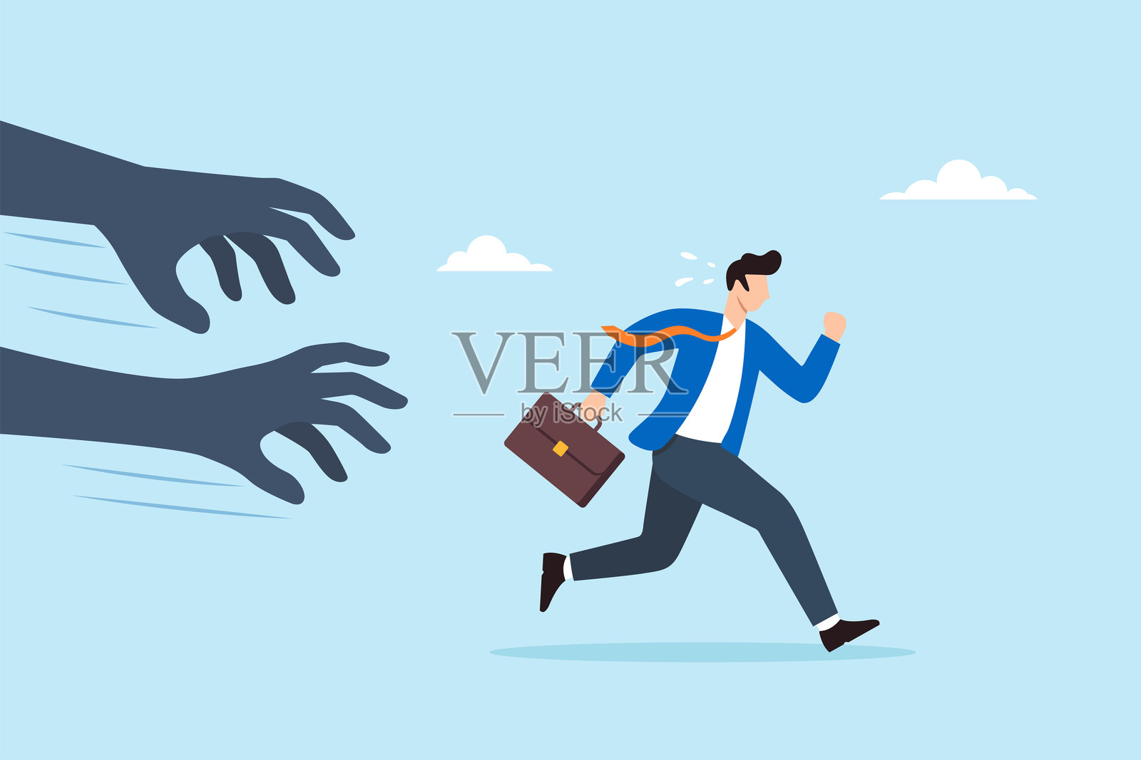 压力山大的商人逃离阴影之手,象征着工作压力、焦虑、恐惧、职业倦怠和不堪重负的工作量,扁平化插画插画图片素材