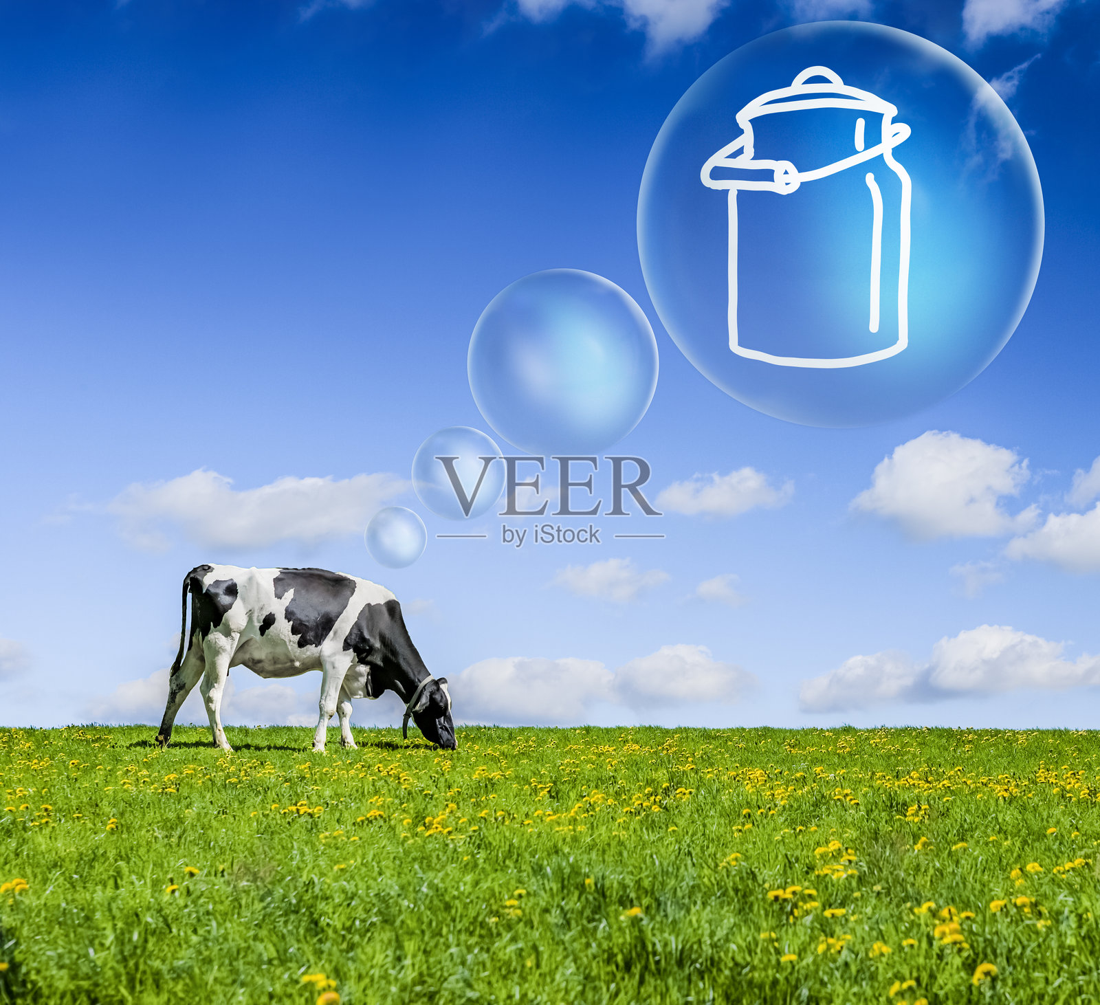 草地上带有一罐牛奶漫画图的牛奶照片摄影图片