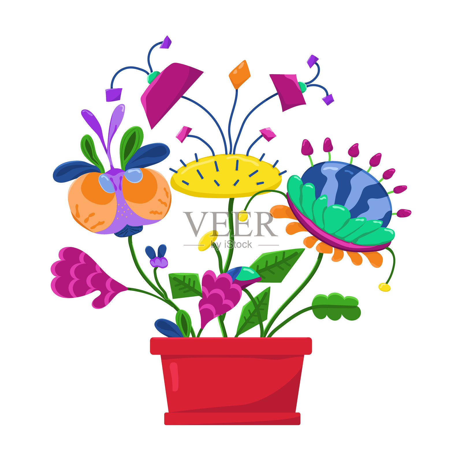 白色背景上花瓶里盛开的各种奇幻花朵彩色矢量明信片。植物外星人图标。插画图片素材