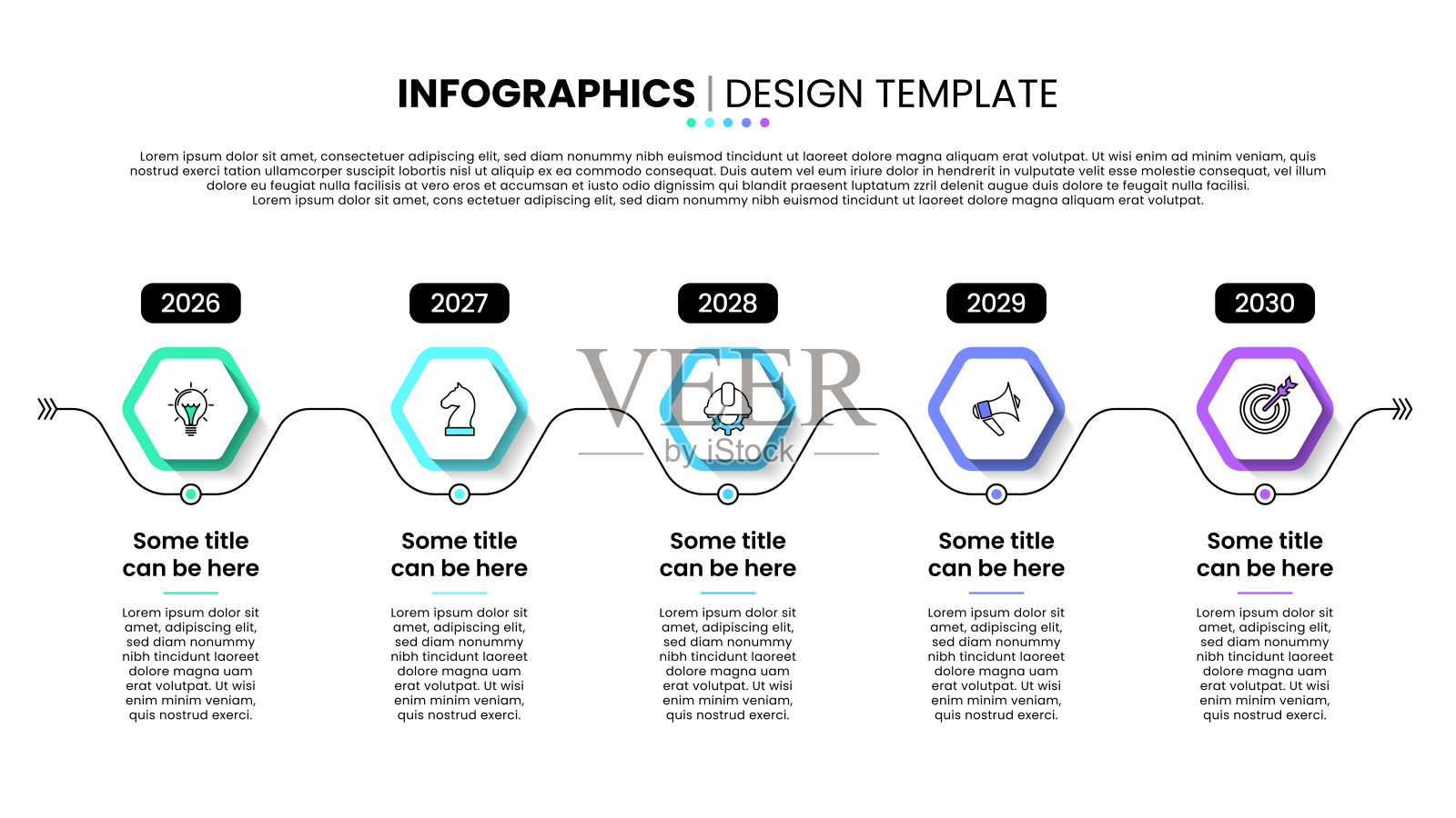 信息图表模板。包含六边形和5个步骤的时间线插画图片素材