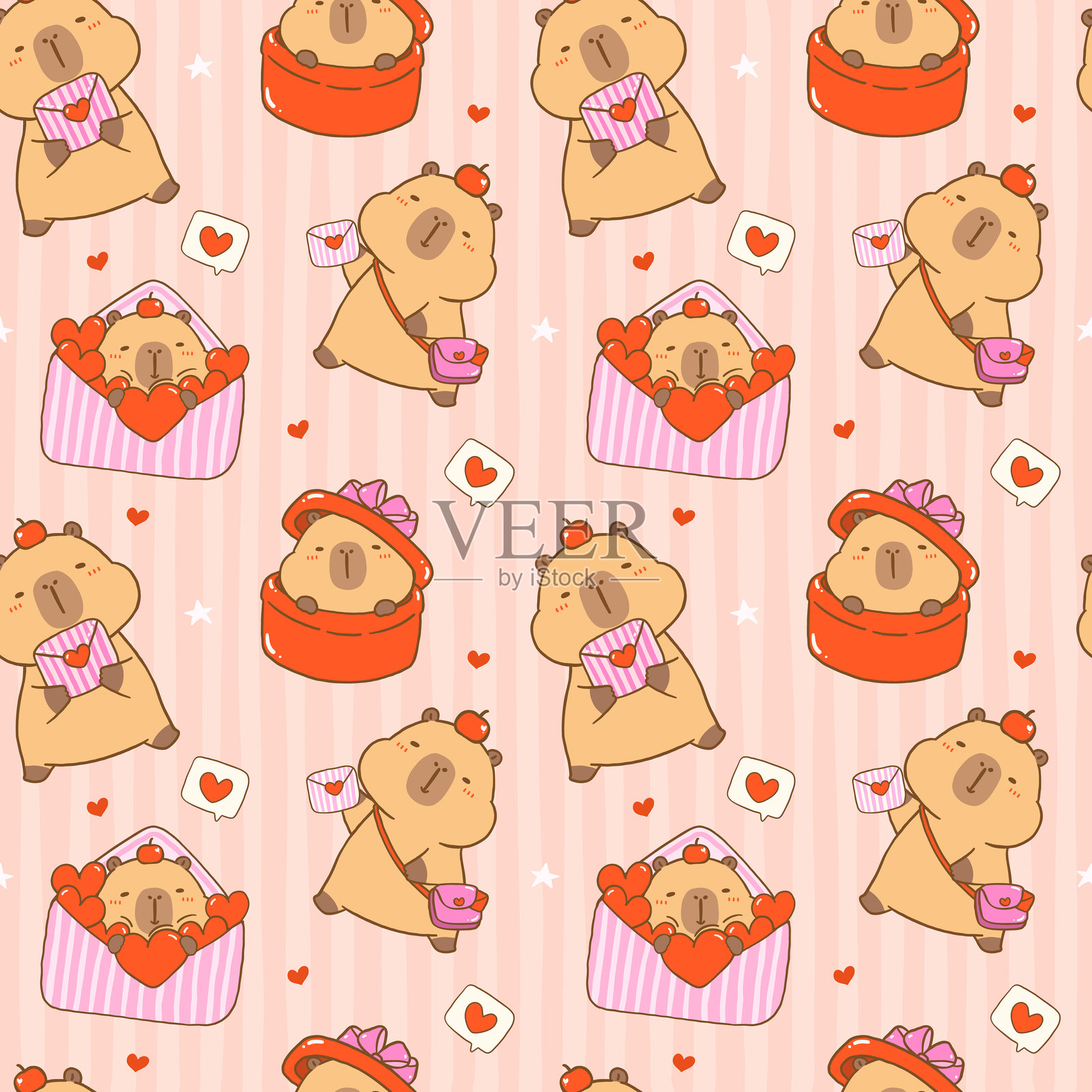 可爱的卡哇伊情人节无缝图案 正在送信的水豚卡通壁纸 孤立在背景上插画图片素材