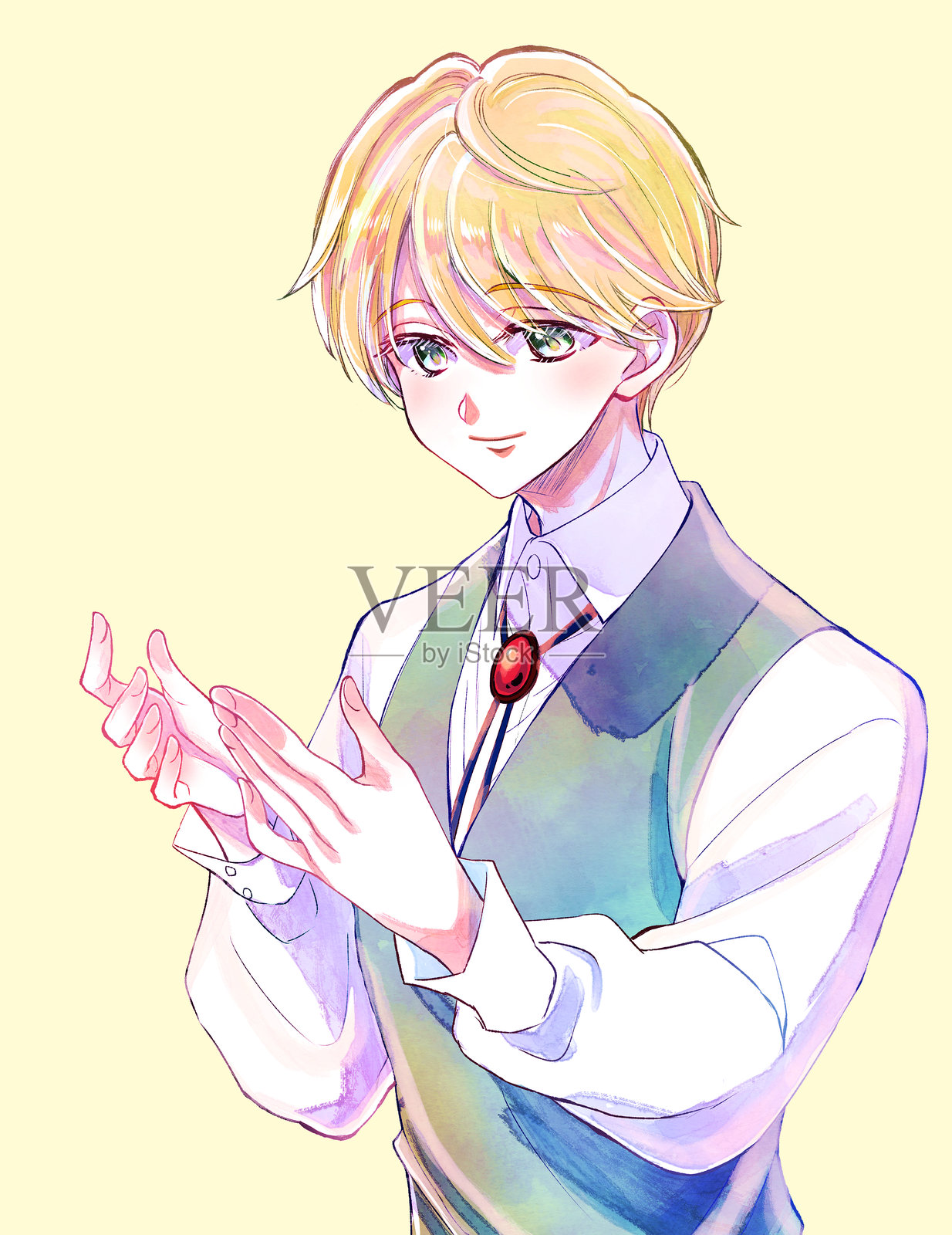 金发男孩微笑着看着自己的双手插画图片素材