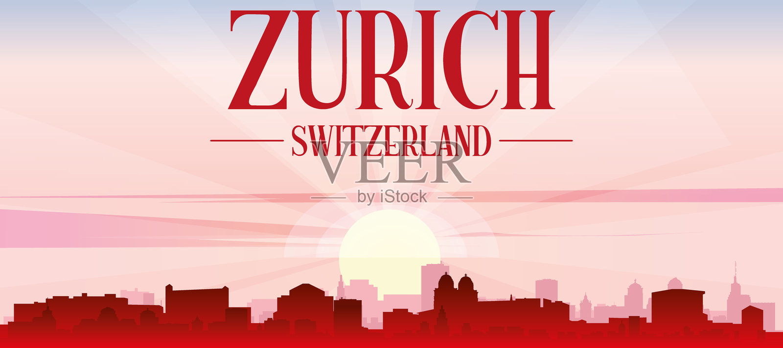 瑞士苏黎世城市天际线全景海报插画图片素材