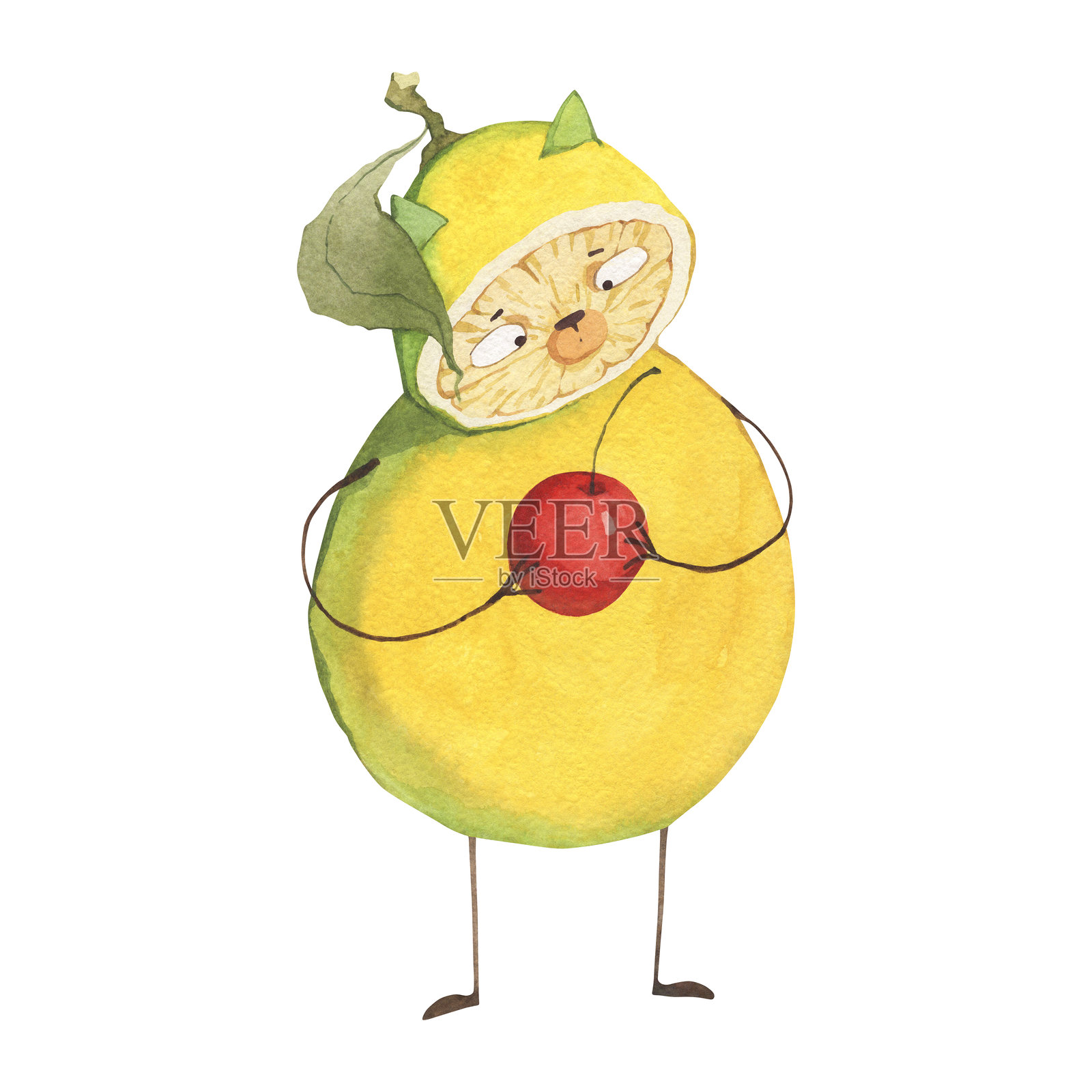 一只柠檬形状的猫,有着小小的耳朵和可爱的脸插画图片素材