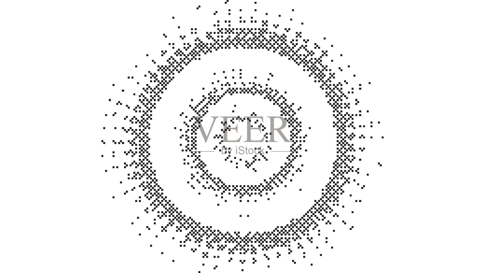 白色背景上对称的黑色像素圆环,边缘采用抖动处理,形成有节奏的数字靶心或涟漪图案矢量图插画图片素材