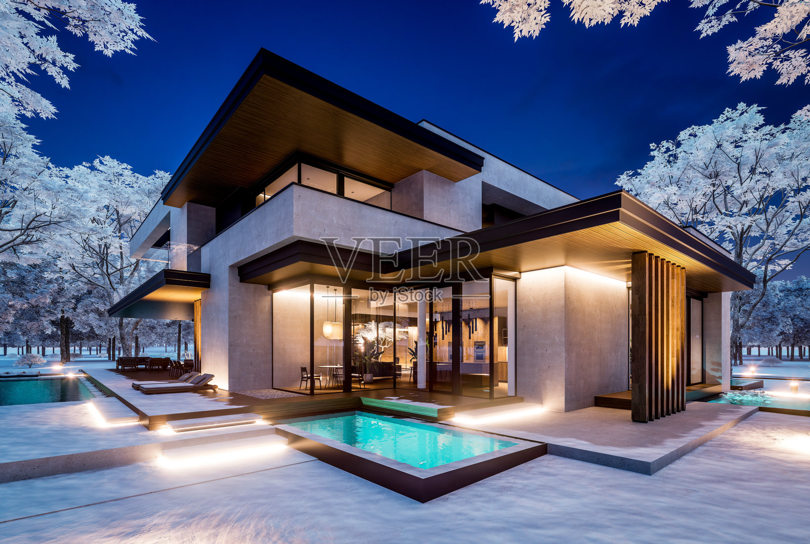 冬季夜晚,两层楼的混凝土外观房屋的3D渲染图照片摄影图片