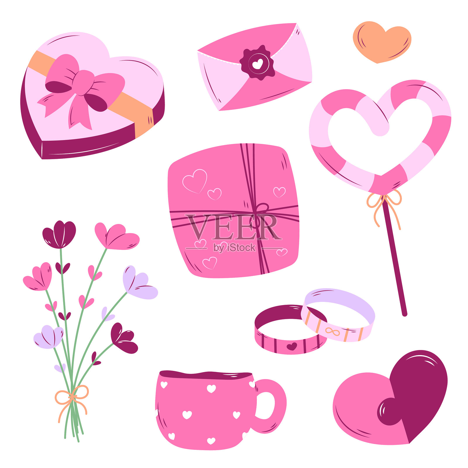 浪漫的心形礼物盒与花束贴纸套装插画图片素材