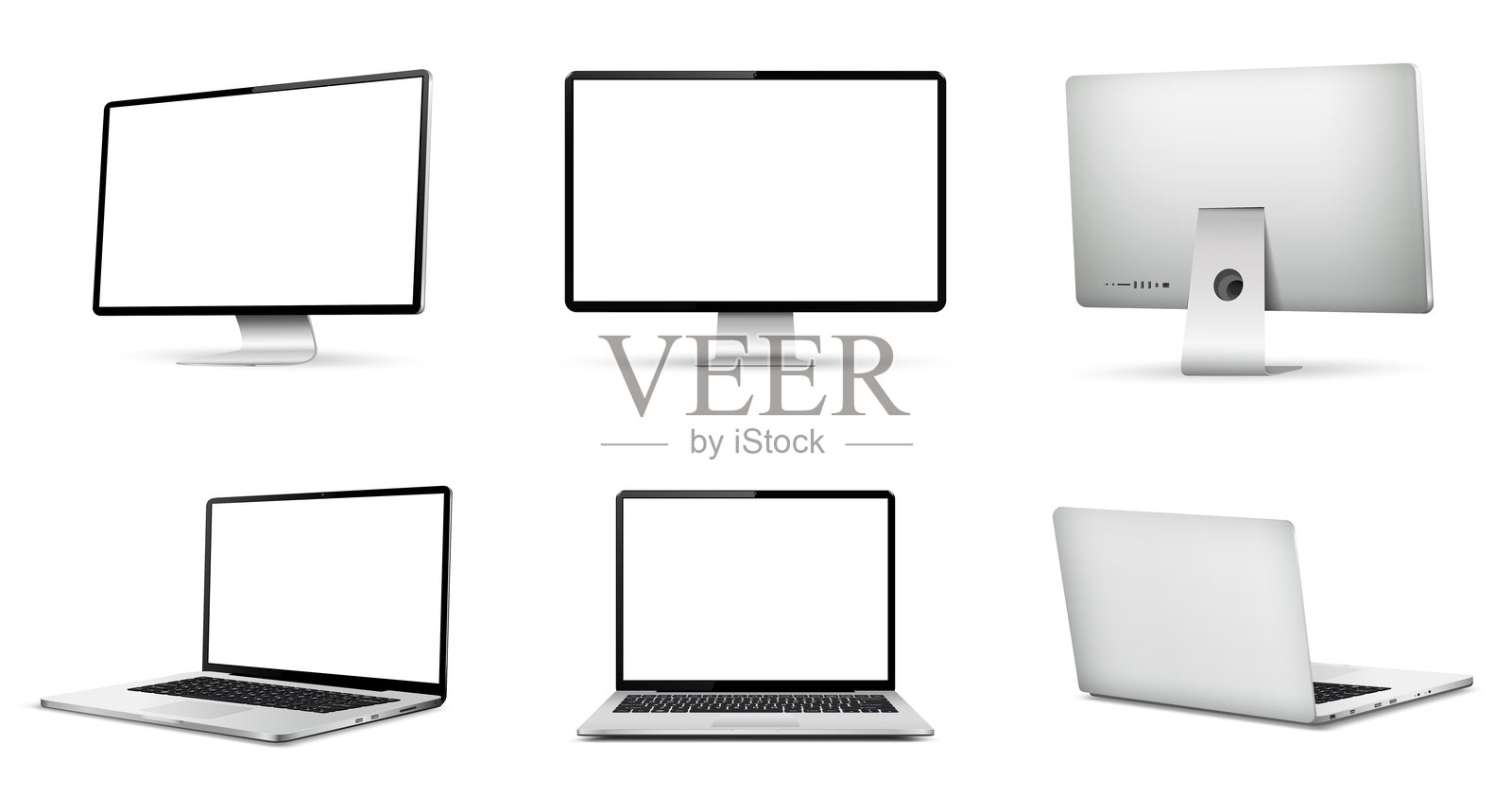 逼真的电脑屏幕模型。不同角度的笔记本电脑模型视图。插画图片素材