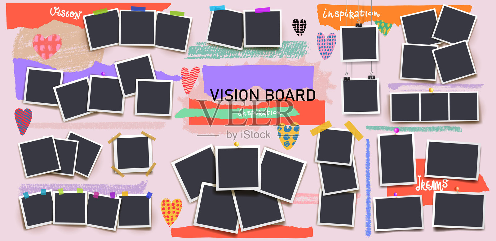 墙上的空白相框拼贴。空的摄影打印品,纸张粘贴在板上。用于展示、灵感板、品牌、海报、创意布局的 moodboard 矢量模板样机设计插画图片素材