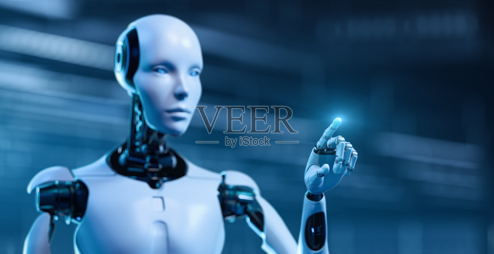 机器人触摸虚拟屏幕。未来科技与人工智能概念照片摄影图片