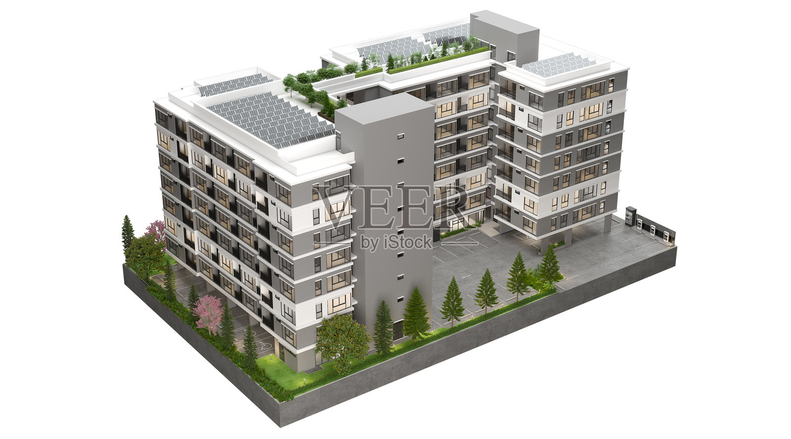 带有太阳能屋顶的现代公寓楼三维渲染图照片摄影图片