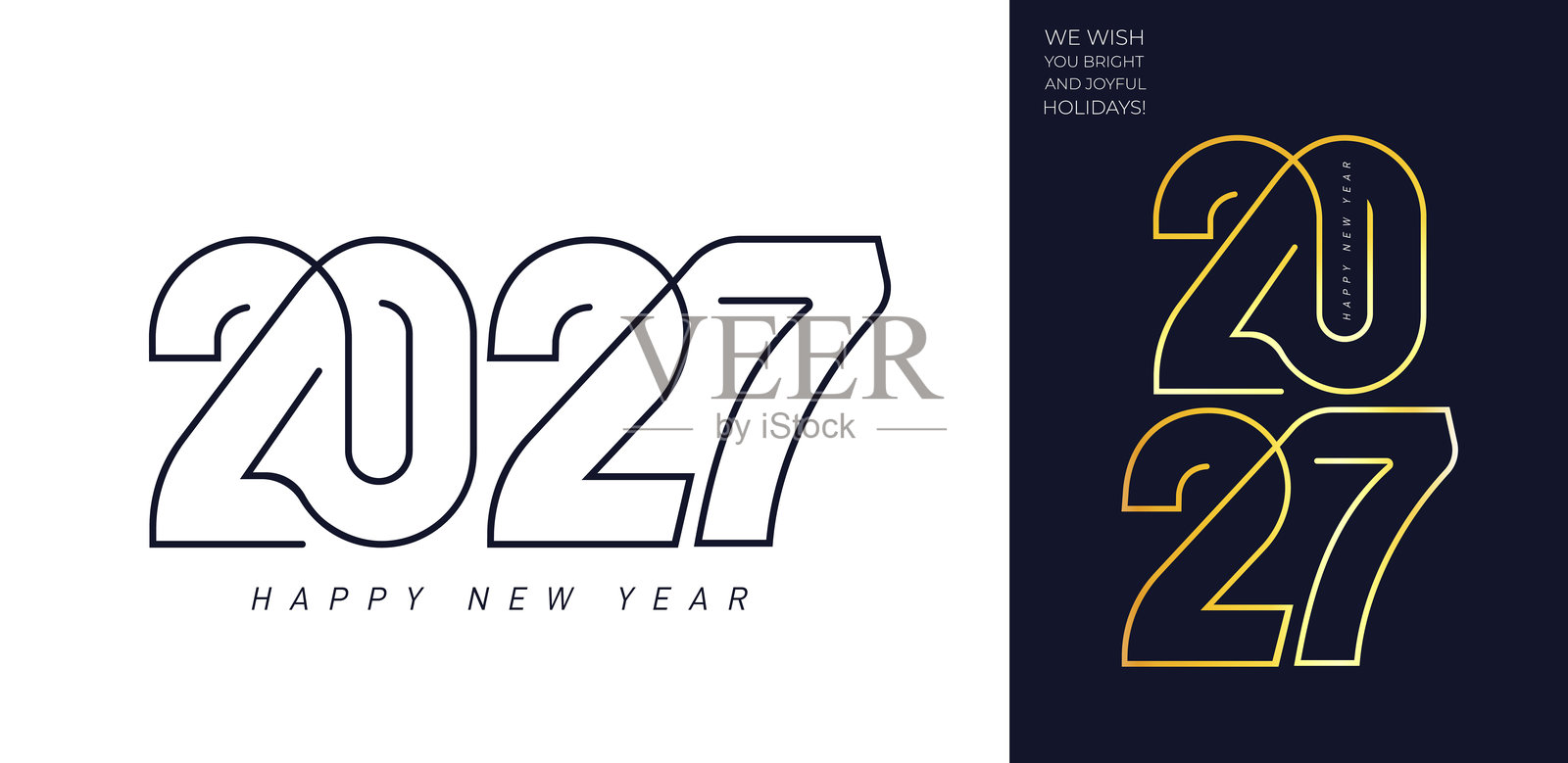 2027新年快乐矢量设计,采用潮流独特的标志风格。现代2027新年模板,适用于横幅、海报、贺卡、邀请函、社交媒体、日历和节日品牌推广。插画图片素材