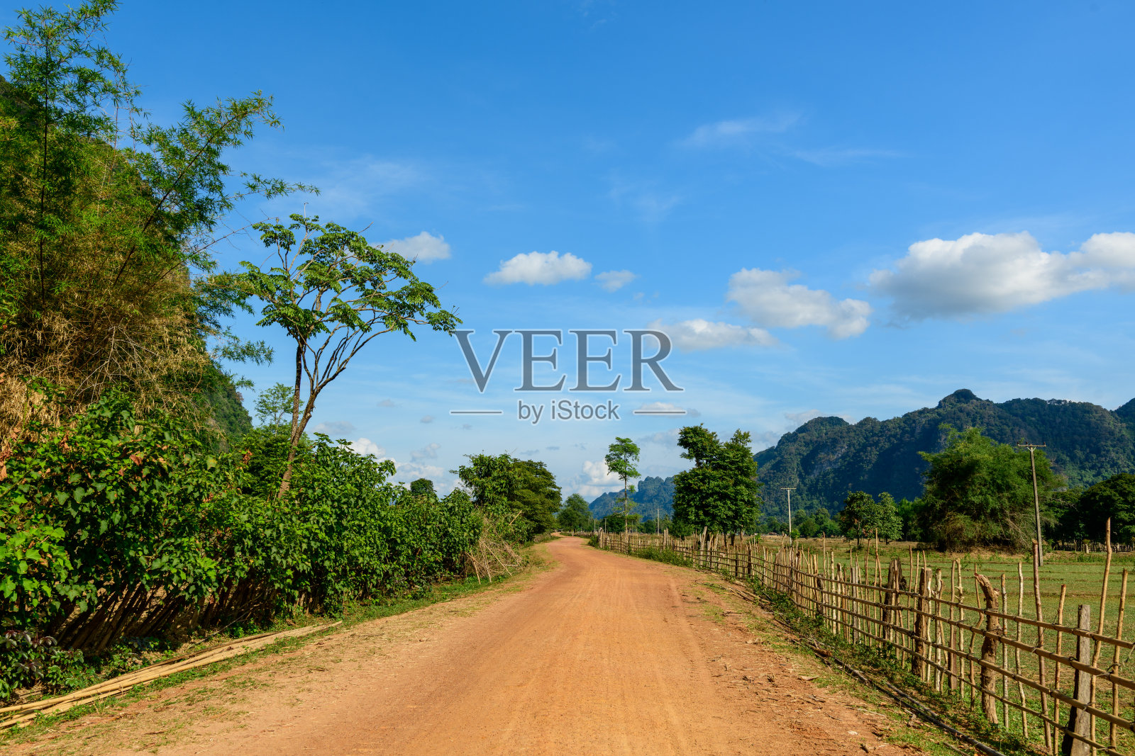 蜿蜒的土路穿过老挝乡村风光照片摄影图片