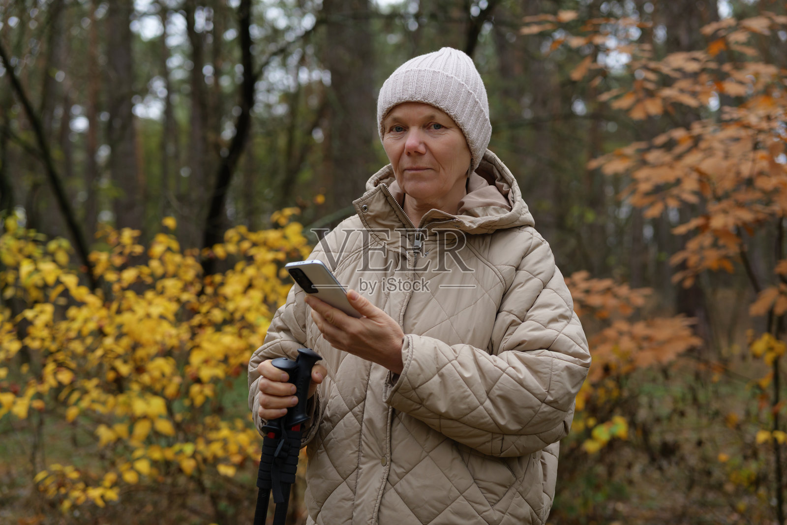 一位女士在户外徒步旅行时站在森林里。她拿着手机,看起来很专注,周围是树木和金黄的秋叶。照片摄影图片