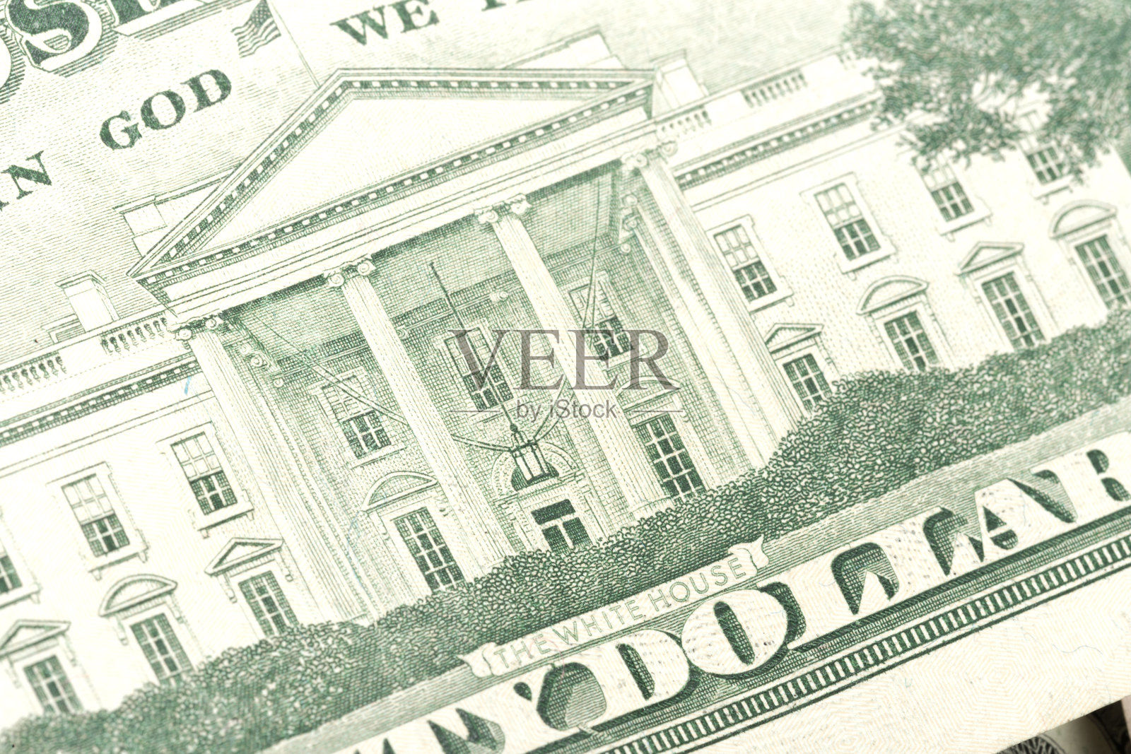 美元纸币上白宫设计的细节视图,展示了美国货币照片摄影图片