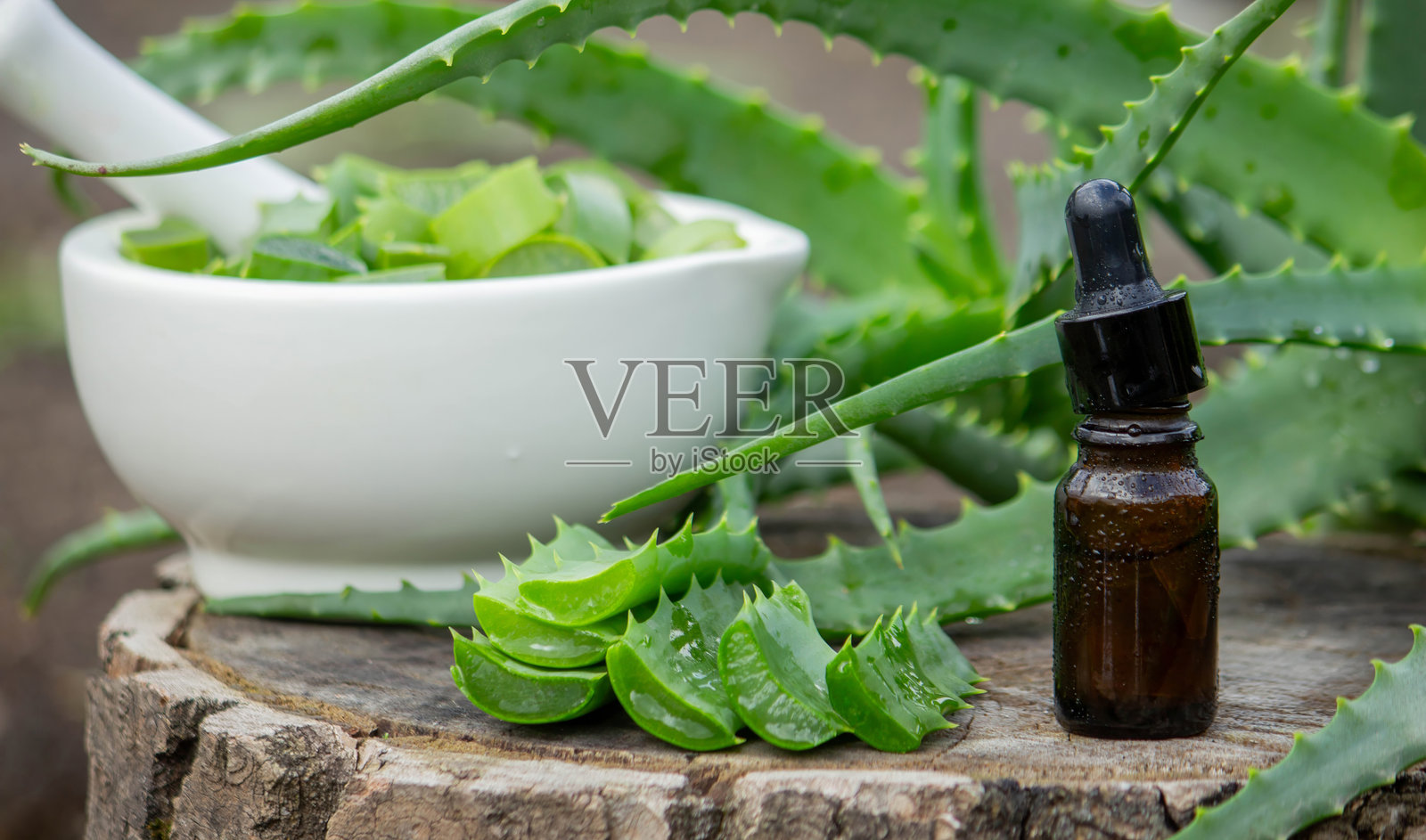 精油瓶和新鲜的芦荟叶。天然有机化妆品照片摄影图片