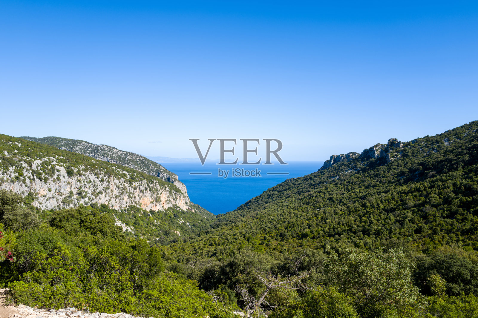 葱郁的撒丁岛山谷,远眺碧绿的海湾照片摄影图片