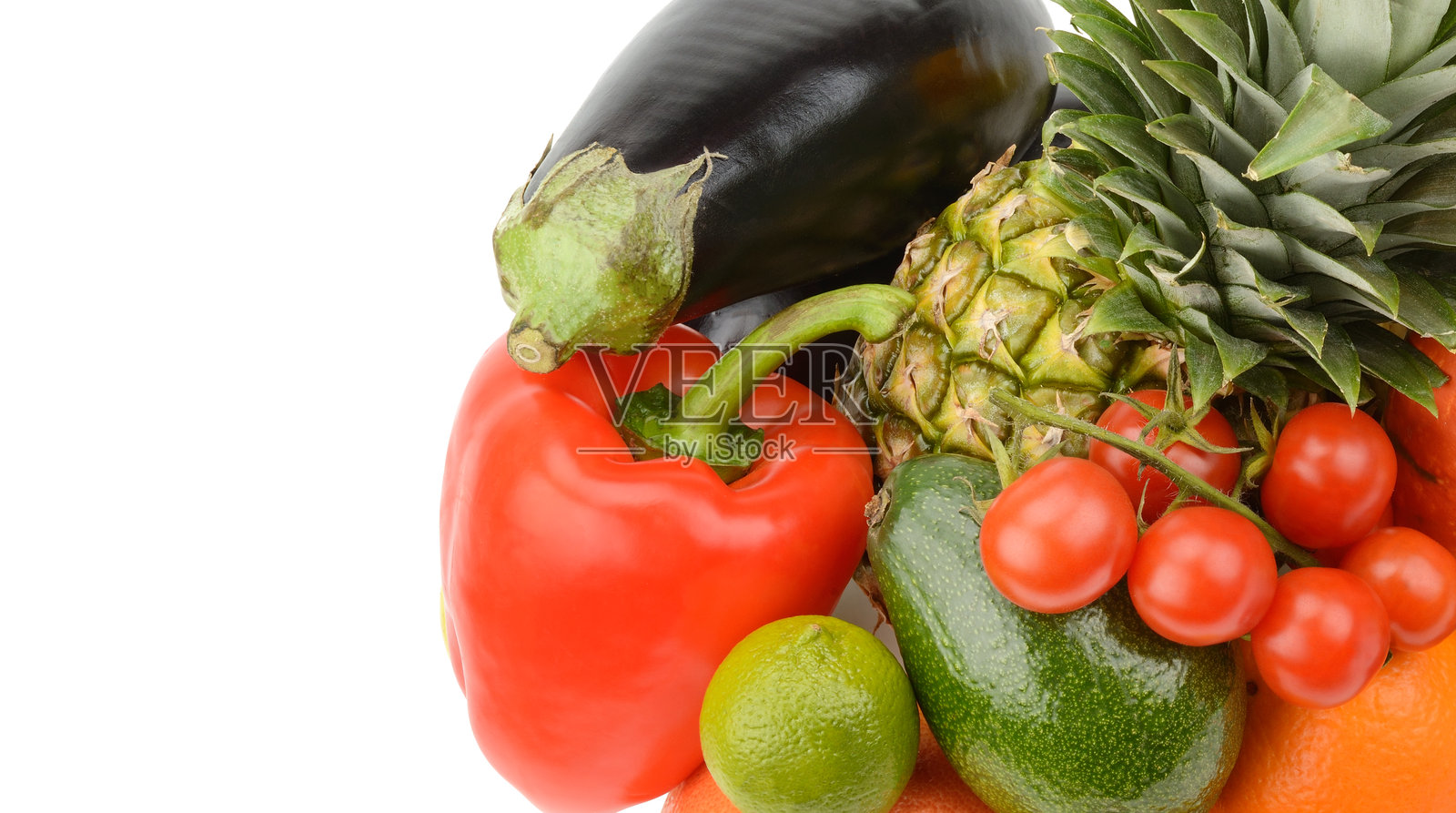 白色背景上新鲜什锦蔬菜水果组合照片摄影图片