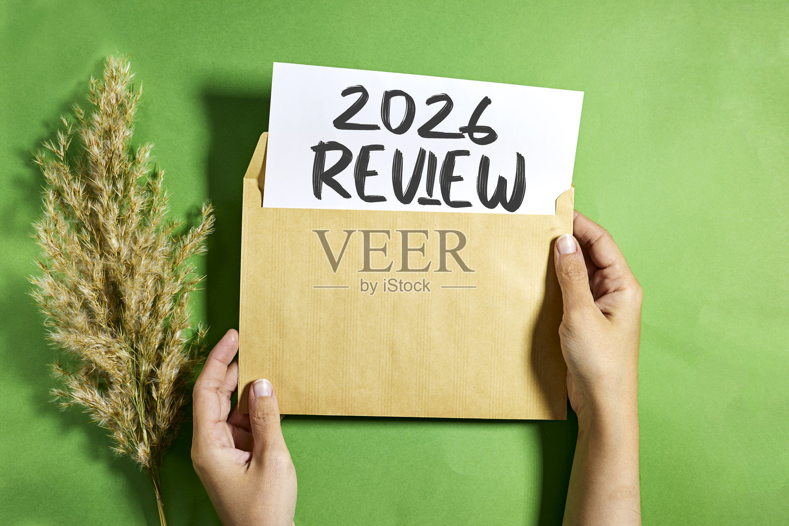 一双有力的手捧着牛皮纸信封,露出写有“2026 REVIEW”的白卡,背景是生机勃勃的绿色,旁边还有一株干枯的植物。照片摄影图片