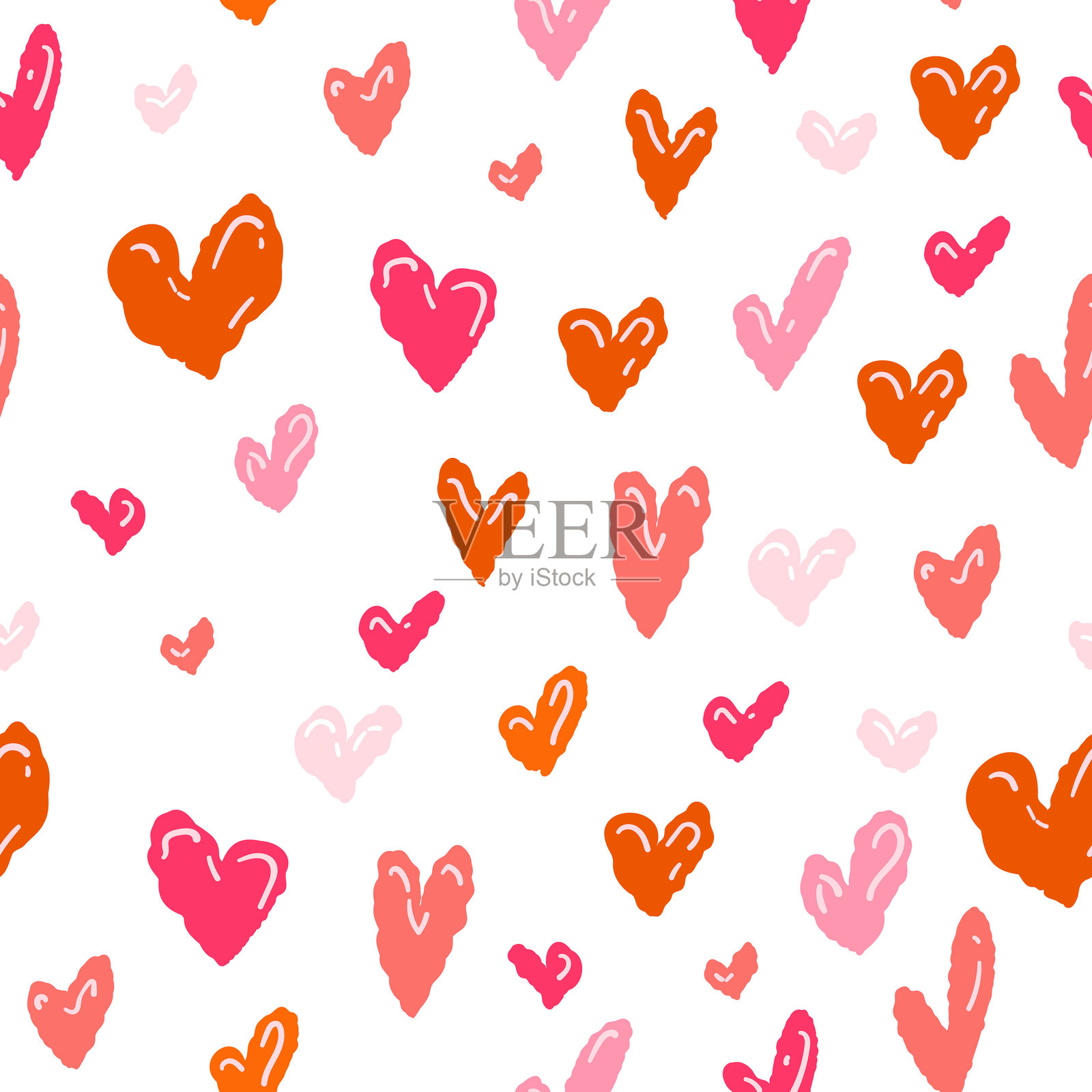 白色背景上手绘红橙色调心形图案的抽象无缝花纹。插画图片素材