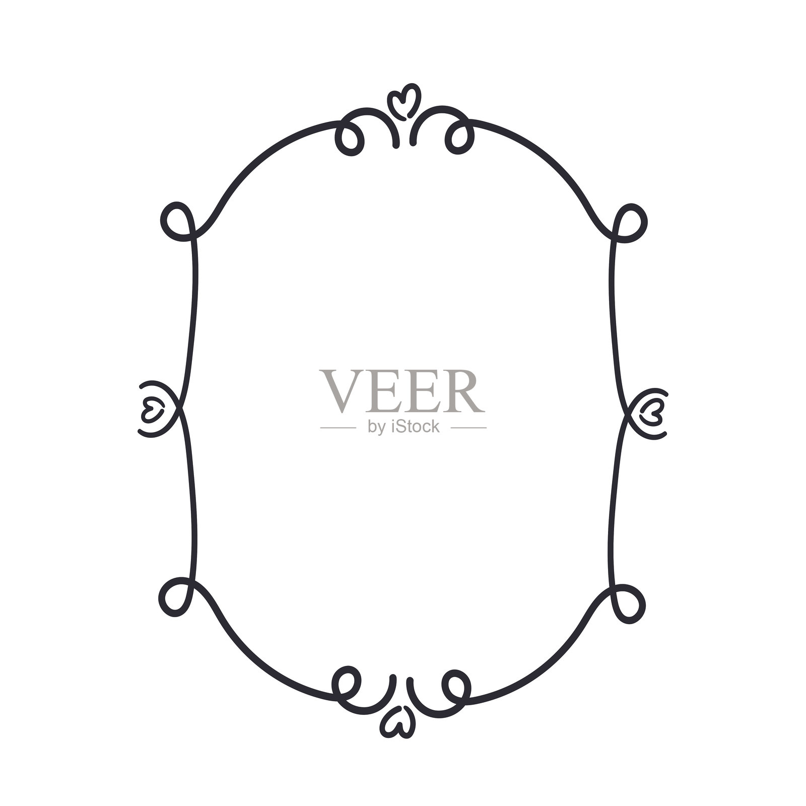 白色背景上的黑色相框。用于请柬的优雅装饰元素,带有心形图案。扁平化风格矢量图。插画图片素材