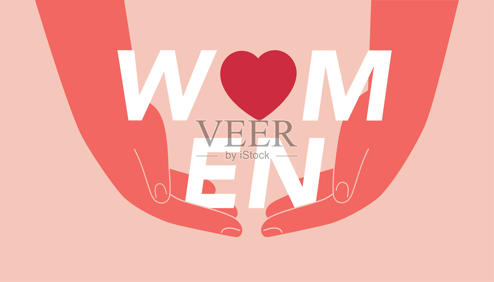 两只成年人的手举着“女性”文字和红心。国际妇女节横幅。矢量插画插画图片素材